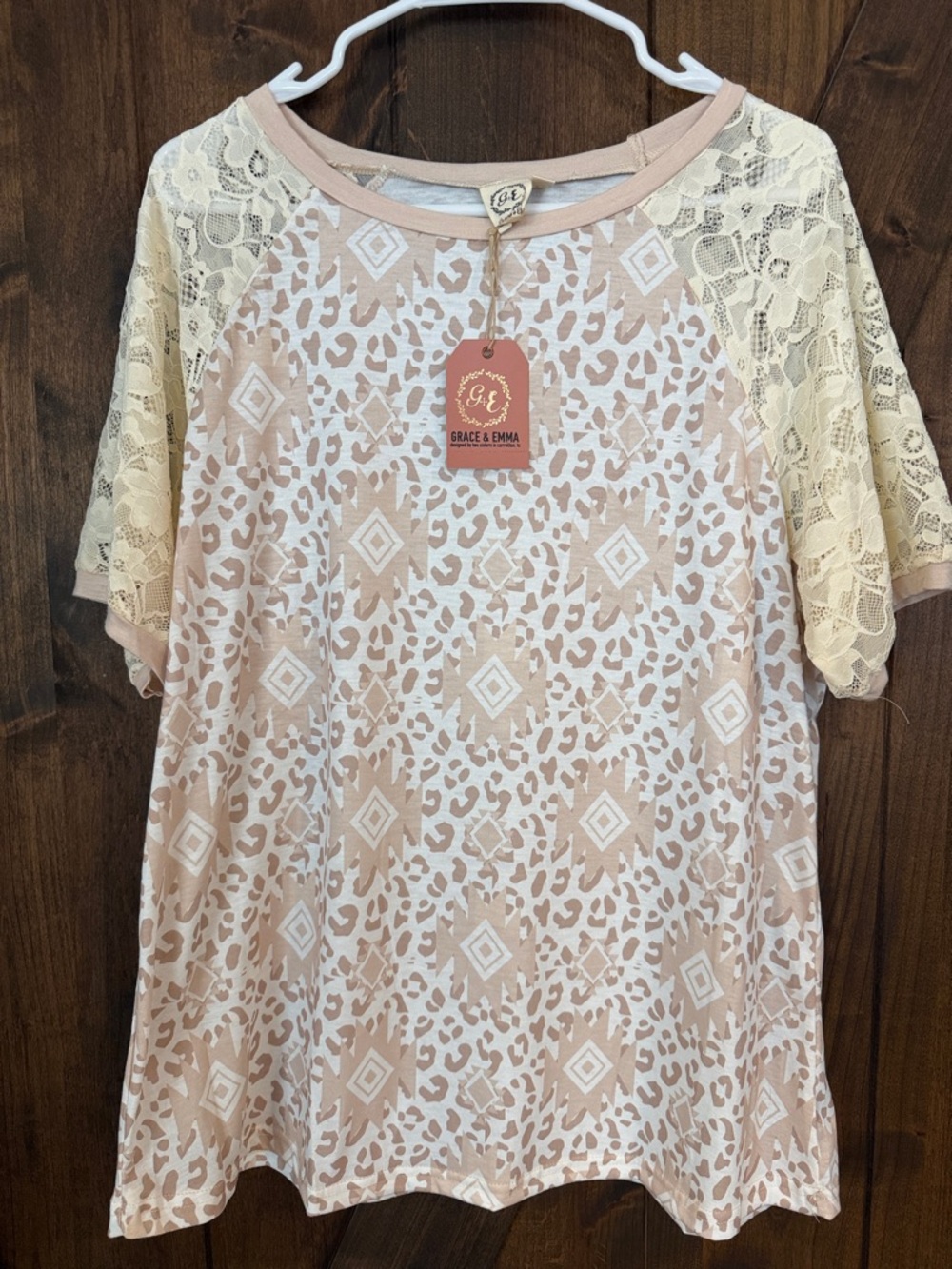 Grace & Emma Cream Printed Lace-Sleeve Short Sleeve Top